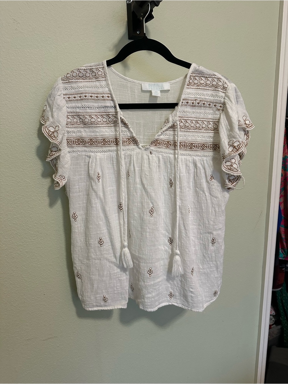 Women's White Embroidered Peasant Top with Tassels